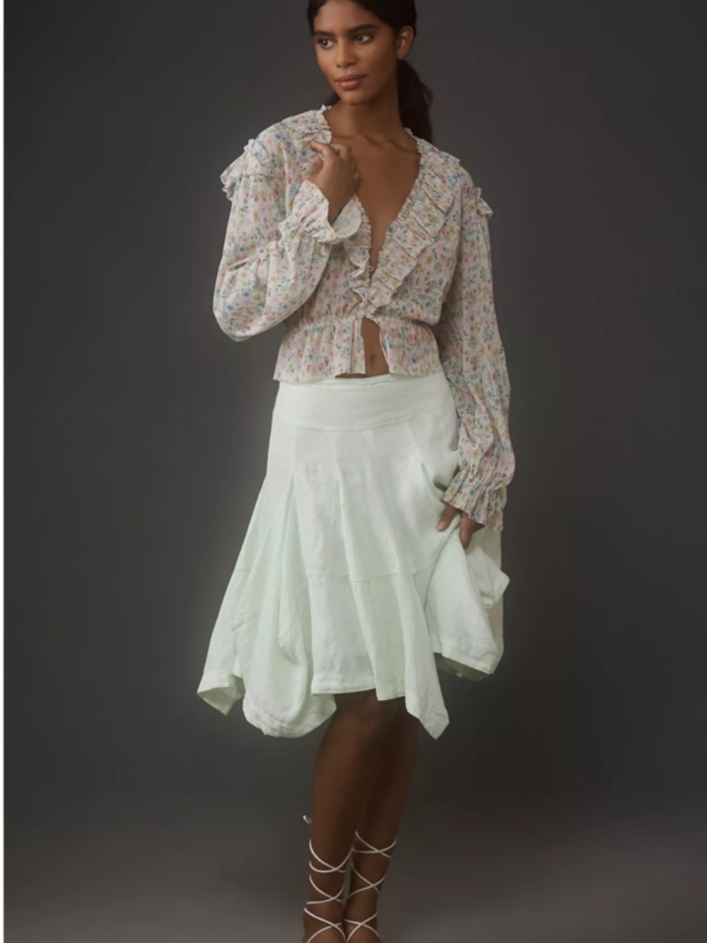 By Anthropologie Long-Sleeve Mesh Ruffle Floral Feminine Blouse Size XS NWT